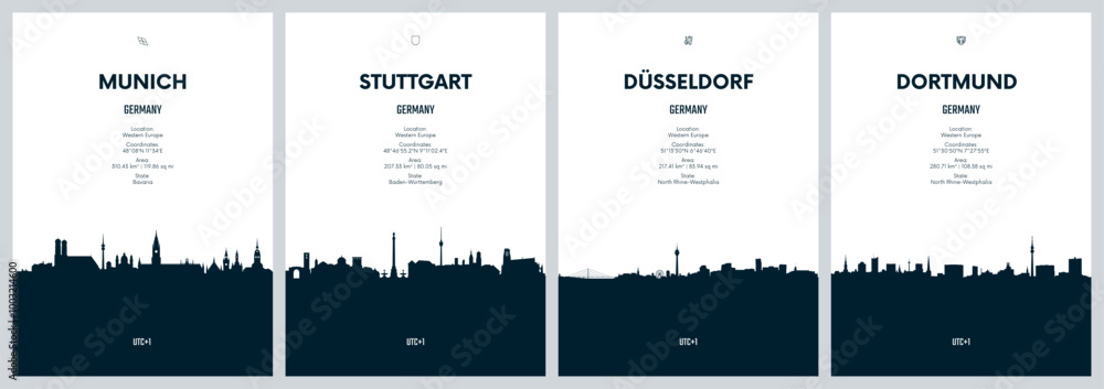 Obraz premium Travel vector set with city skylines Munich, Stuttgart, Dusseldorf, Dortmund detailed city skylines minimalistic graphic artwork