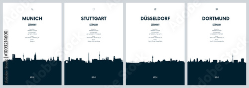 Travel vector set with city skylines Munich, Stuttgart, Dusseldorf, Dortmund detailed city skylines minimalistic graphic artwork