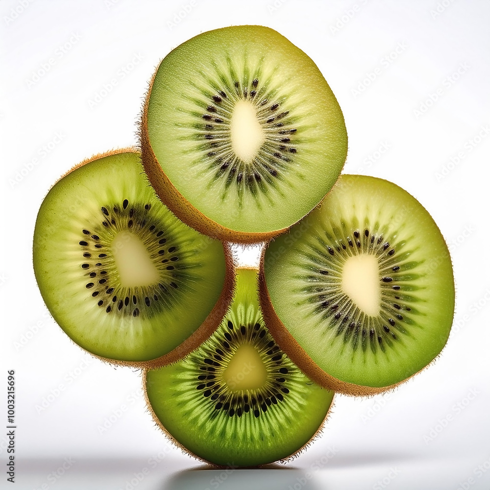 Five slices of kiwi with stacked slices, showing an interesting pattern, on a white background Five slices of kiwi with stacked slices, showing an interesting pattern, on a white background