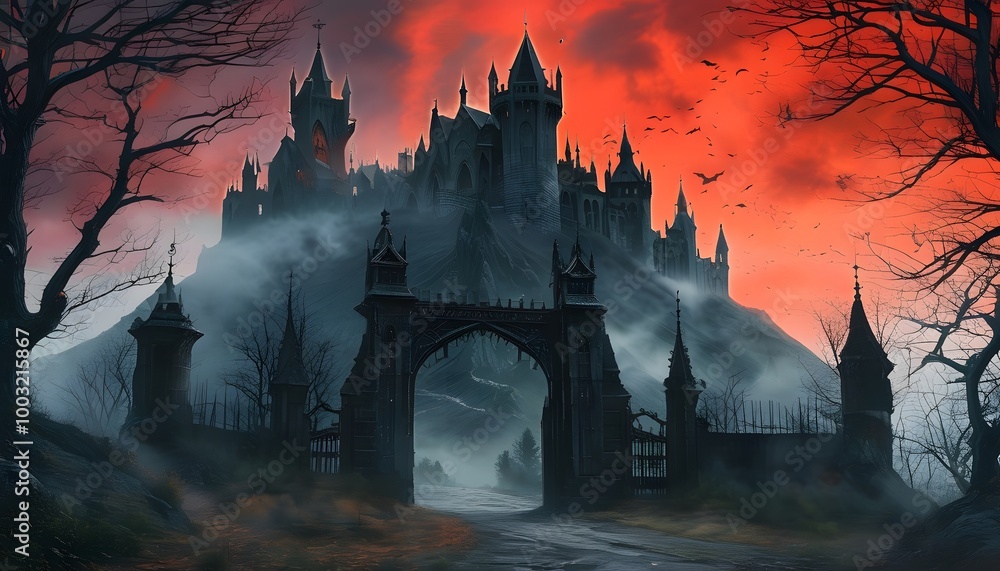 Naklejka premium Gothic Horror Vampire Castle with Blood Red Sky, Bats, Misty Entrance, and Surrounded by Bare Trees