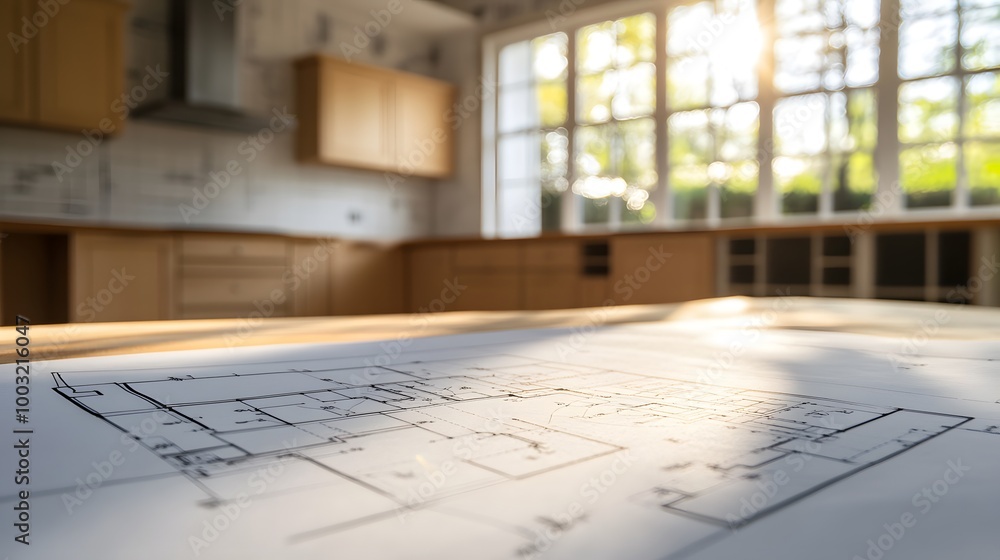 The blueprint is placed on the table in an unfinished kitchen, with sunlight streaming through the windows and highlighting details of modern home construction The blueprint is placed on the table in an unfinished kitchen, with sunlight streaming through the windows and highlighting details of modern home construction