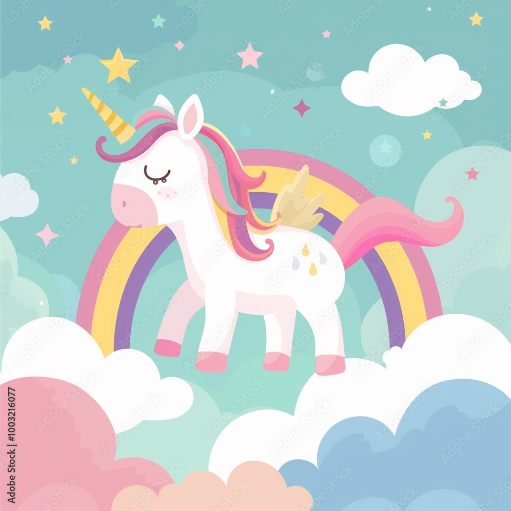 A unicorn is flying over a rainbow in the sky A unicorn is flying over a rainbow in the sky