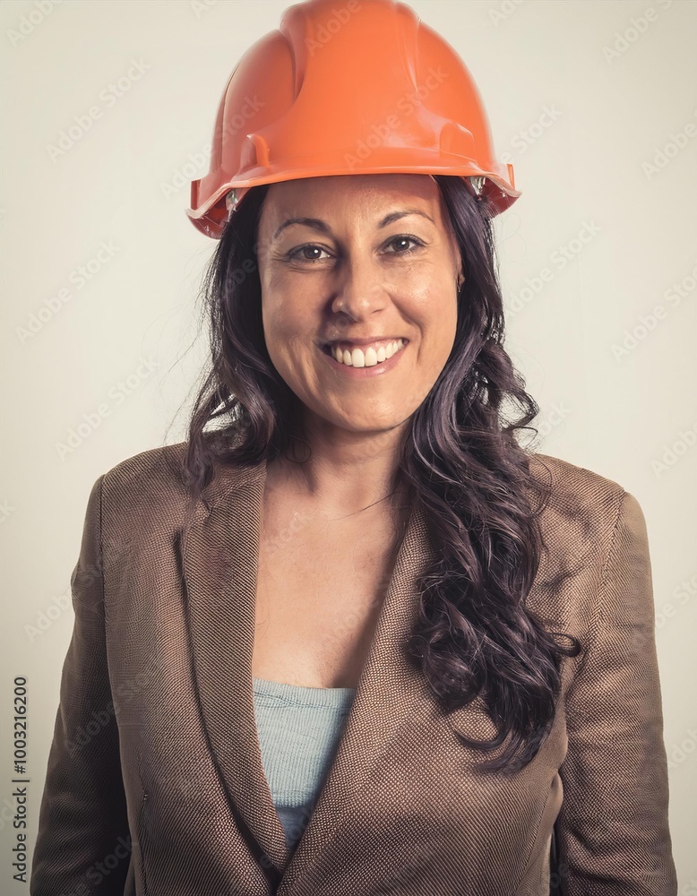 Hispanic Woman wearing an orange hard hat and a brown jacket. She is smiling. The photo is in black and white Hispanic Woman wearing an orange hard hat and a brown jacket. She is smiling. The photo is in black and white