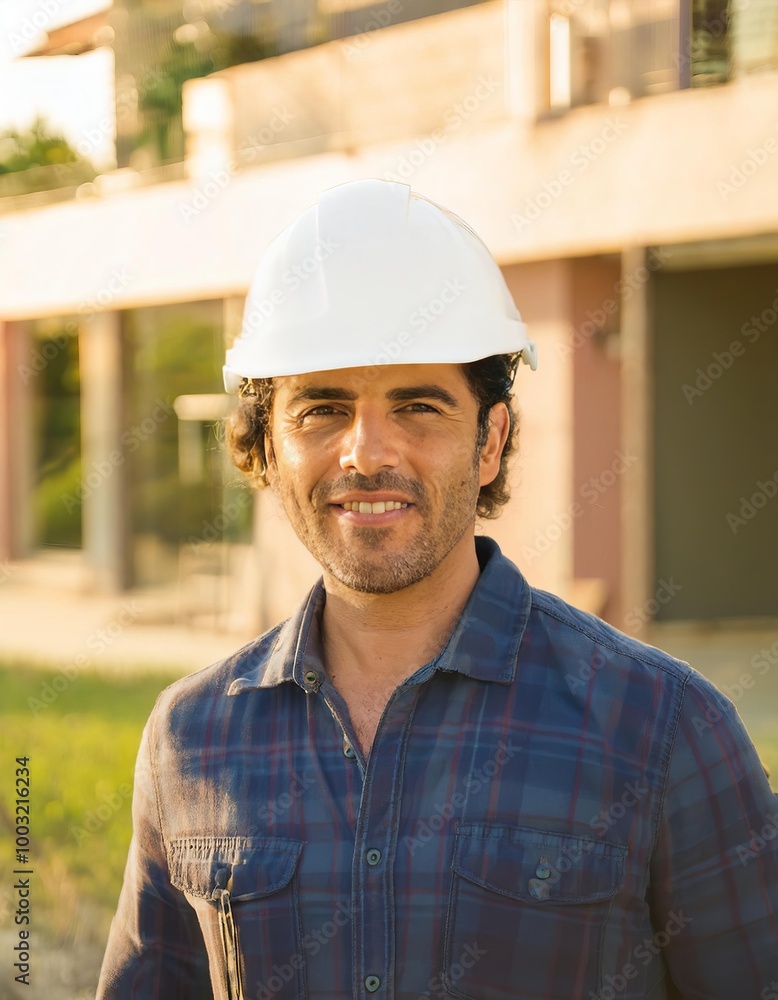 Hispanic engineer wearing a hard hat and a blue plaid shirt. He is smiling. The background is a house Hispanic engineer wearing a hard hat and a blue plaid shirt. He is smiling. The background is a house