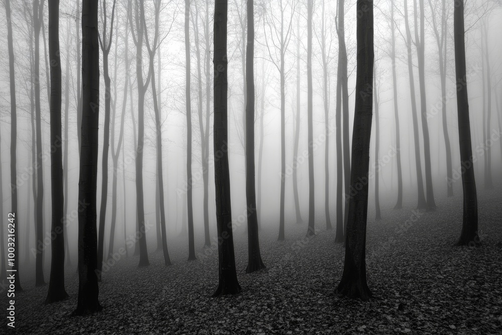 Naklejka premium An autumn landscape with trees covered in fog is perfect for wallpapers