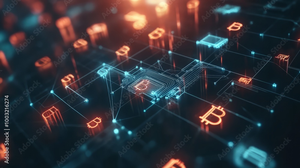 Fototapeta premium Blockchain and cryptocurrency glowing grid background
