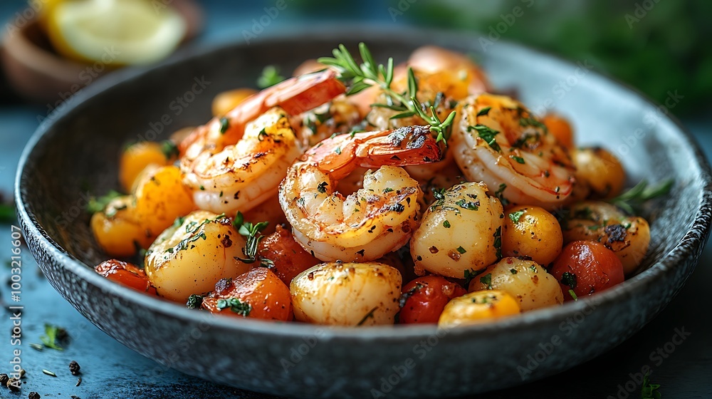 Delicious shrimp and cherry tomatoes sauteed with fresh herbs and lemon Delicious shrimp and cherry tomatoes sauteed with fresh herbs and lemon