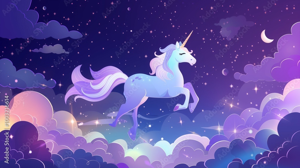 Fototapeta premium A unicorn is flying through the sky above a cloudy, purple background