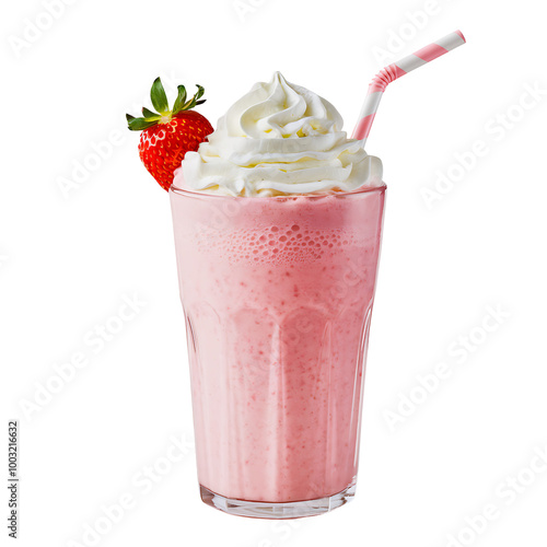 strawberry milkshake topped with whipped cream and a straw isolated on transparent background