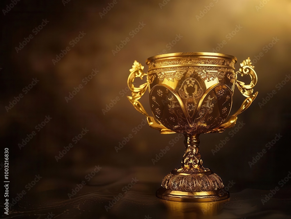 gleaming golden trophy with intricate detailing, soft spotlight creating dramatic highlights and shadows, symbol of achievement and excellence gleaming golden trophy with intricate detailing, soft spotlight creating dramatic highlights and shadows, symbol of achievement and excellence