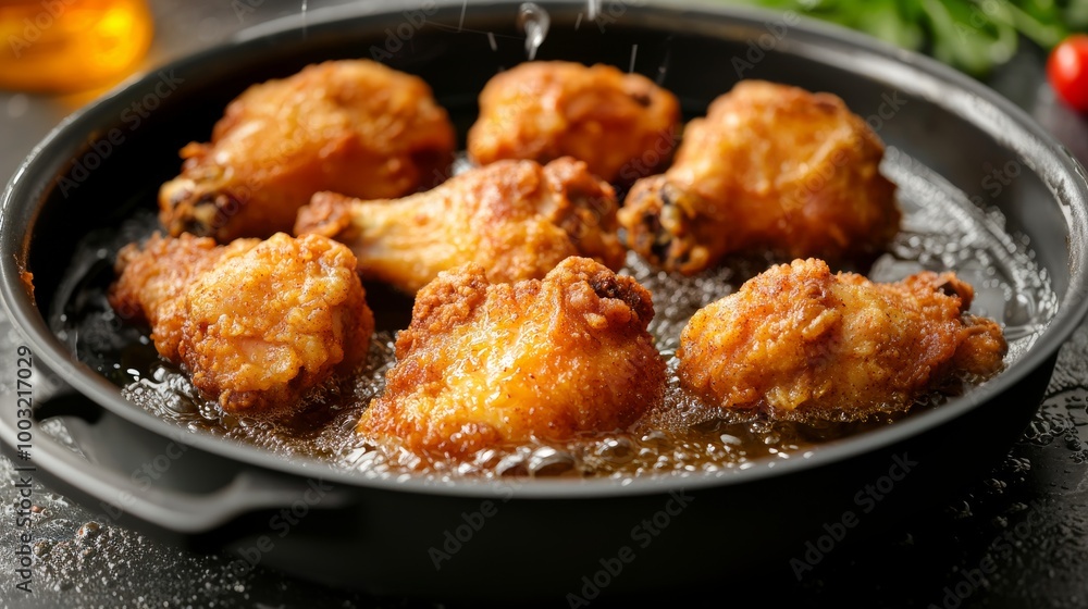 Golden, crispy Korean chicken drumsticks frying in a traditional Korean-style pan. Fry Korean-style crispy golden chicken drumsticks in a traditional pan. Golden, crispy Korean chicken drumsticks frying in a traditional Korean-style pan. Fry Korean-style crispy golden chicken drumsticks in a traditional pan.