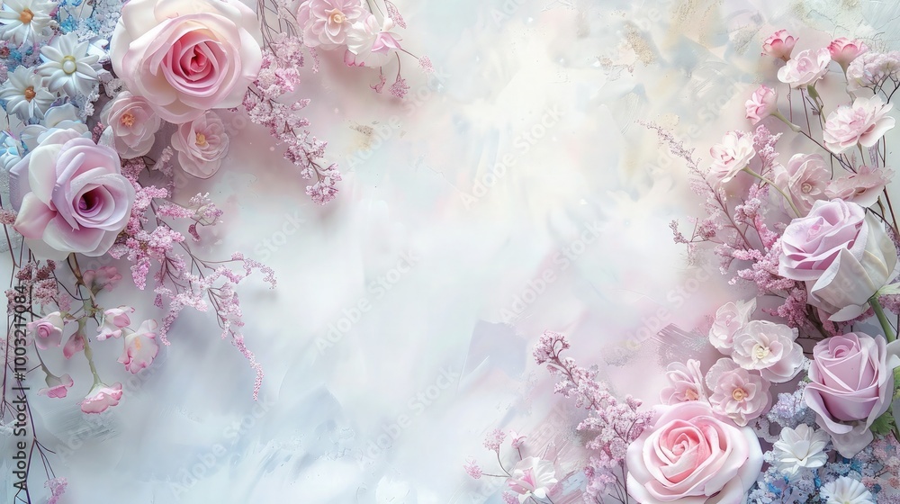 Peonies and roses on soft color background, romantic feminine composition, wedding invitation concept. Peonies and roses on soft color background, romantic feminine composition, wedding invitation concept.