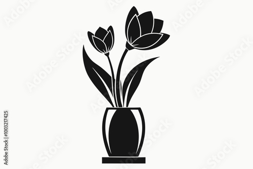 Tulip flower in vase silhouette black Vector art illustration