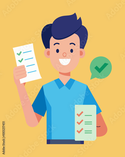 A person proudly showing off their receipt to their skeptic friends proving just how much they saved with their stack of coupons.. Vector illustration