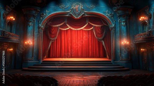 Empty stage with red velvet curtains in a theater. Stage design, performance, theatre, show, arts, entertainment.