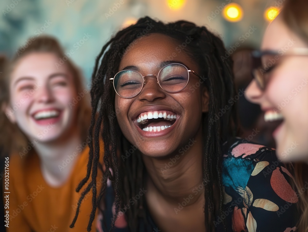 diverse group of friends laughing joyfully in cozy cafe setting, warm lighting highlighting genuine expressions of happiness diverse group of friends laughing joyfully in cozy cafe setting, warm lighting highlighting genuine expressions of happiness
