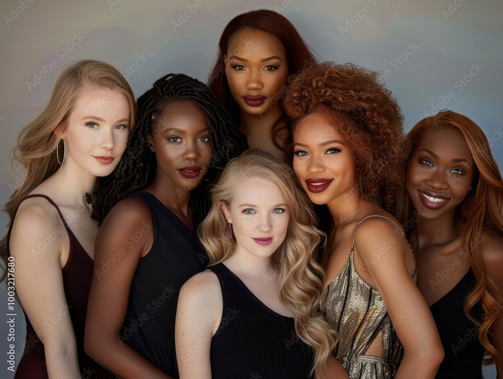 Obraz premium diverse group of women with varying skin tones, features, and styles. soft, flattering lighting enhances their natural beauty. unified by confident, radiant expressions.