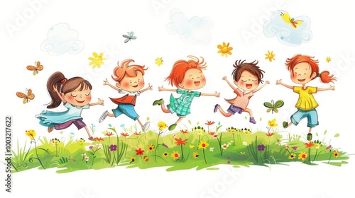 A group of children are playing in a field, jumping and laughing