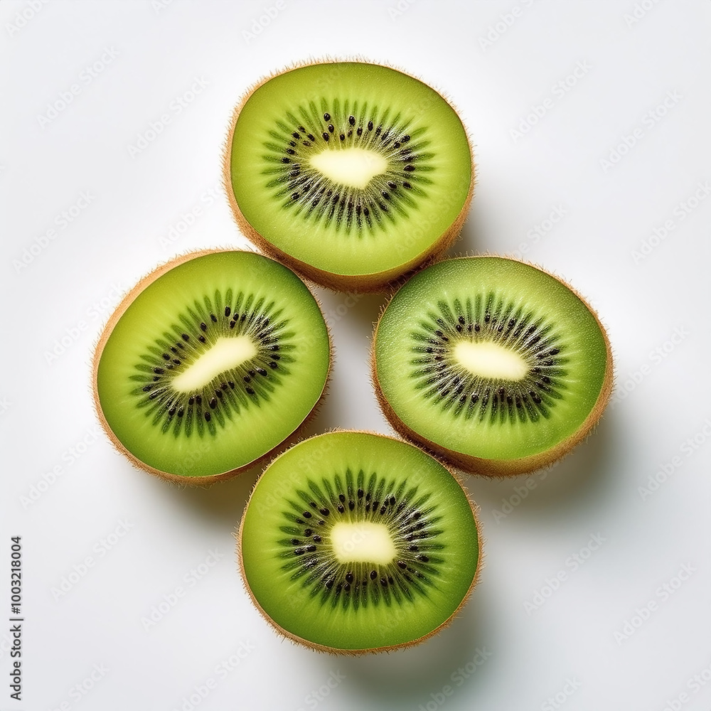 Fototapeta premium Five slices of kiwi with stacked slices, showing an interesting pattern, on a white background
