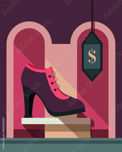 A pair of designer shoes with a price tag that reads $500 displayed in the window of a highend boutique.. Vector illustration