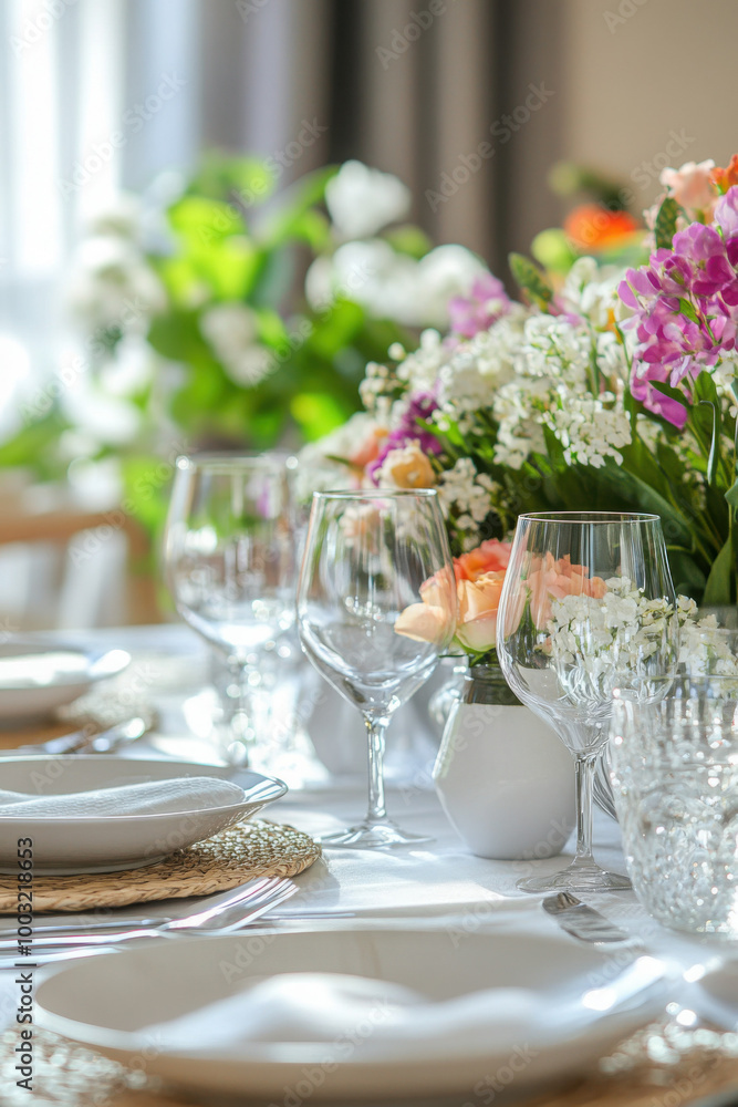 Elegant table setting with crystal glasses and fresh floral arrangements, creating a sophisticated and vibrant atmosphere. Elegant table setting with crystal glasses and fresh floral arrangements, creating a sophisticated and vibrant atmosphere.