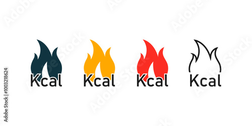 Burned calories icon set. Kilocalorie sign on fire. Dieting. Calorie deficit.
