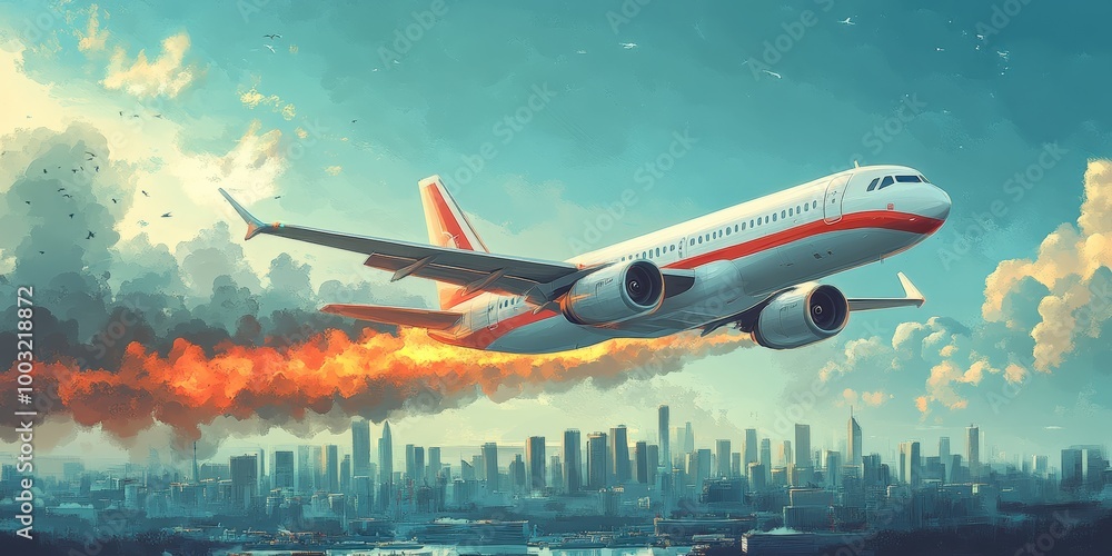 Airplane Emergency in Mid-Flight with Engine Fire and Smoke Trail Airplane Emergency in Mid-Flight with Engine Fire and Smoke Trail