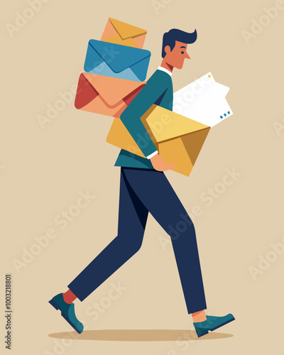 A person carrying a stack of envelopes each one filled with a different debt repayment amount on their way to the post office to mail out payments.. Vector illustration