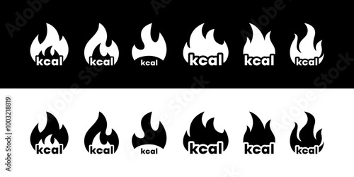 Burning calories icon set. Calorie sign with flame. Dieting and doing sports. Healthy living. Burn kilocalories. Vector