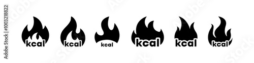 Burning calories icon set. Calorie sign with flame. Dieting and doing sports. Healthy living. Burn kilocalories. Vector