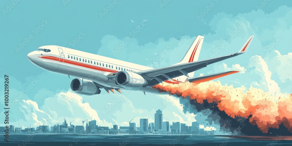Airplane Emergency in Mid-Flight with Engine Fire and Smoke Trail Airplane Emergency in Mid-Flight with Engine Fire and Smoke Trail