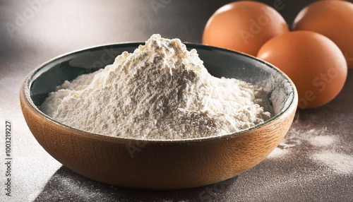 Flour in a small bowl, with the remaining dough on the side.