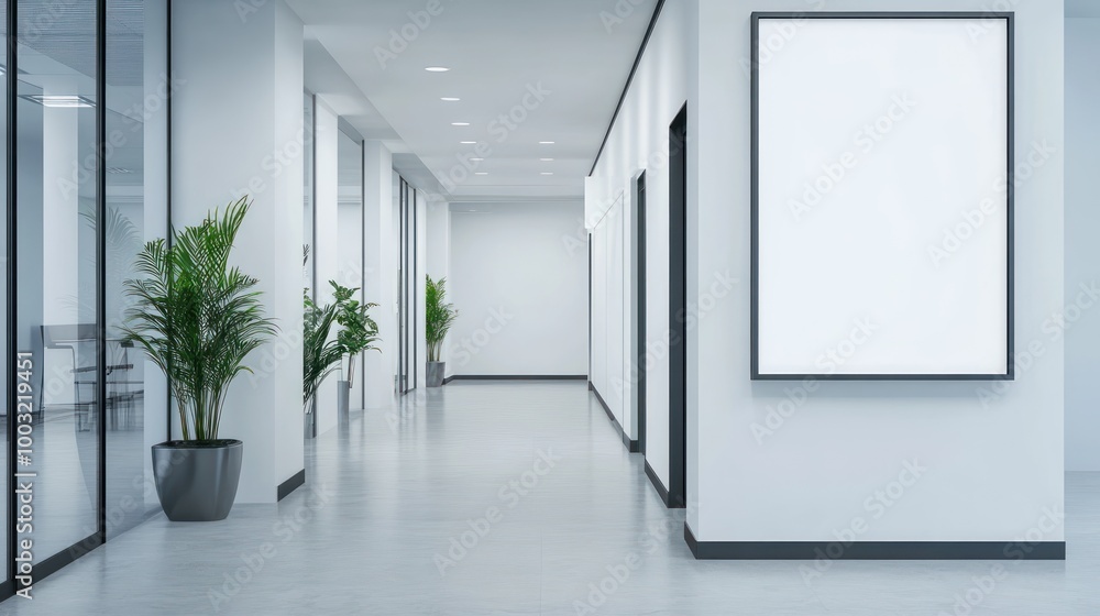 Empty Office Hallway with Large Blank Picture Frame Empty Office Hallway with Large Blank Picture Frame