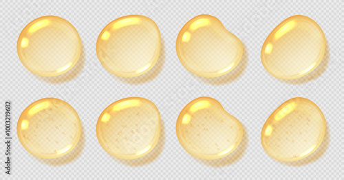Oil drops, yellow serum with bubbles, transparent honey droplets top view, realistic glossy liquid, moisturizing cosmetic product, hyaluronic acid concept. Vector illustration.