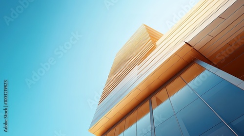 A highly detailed 3D rendering of a modern architectural structure with sleek lines and realistic textures, set against a clear blue sky