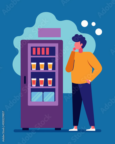 A person standing in front of a vending machine contemplating whether to buy a snack that now costs twice as much as it did a few months ago.. Vector illustration