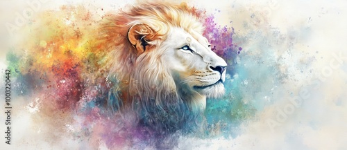 Painting concept with colorful artistic lion on lines and curves. Animals. Stock Image. photo