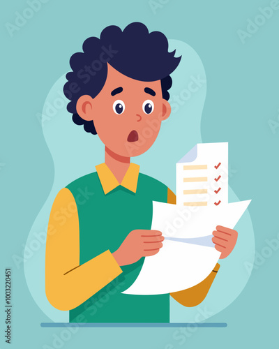 A person scrolling through their bank statement unable to believe how much theyve been spending on groceries each month.. Vector illustration