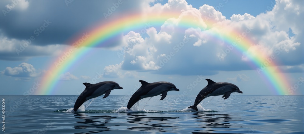 Fototapeta premium Rainbows over joyful dolphins leaping amidst sea-clouds