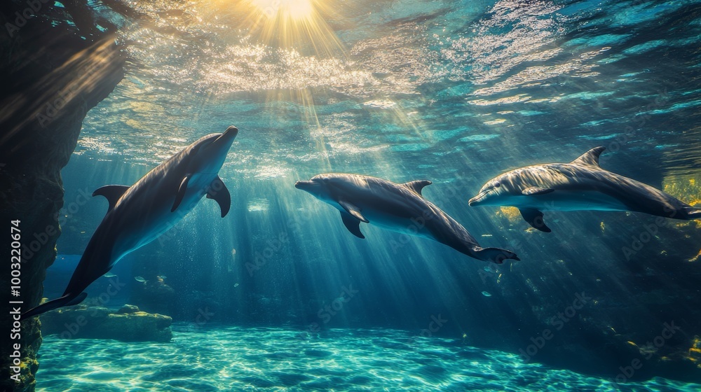 Obraz premium Water dolphins swimming in HD 8K wallpaper Stock Photo Image