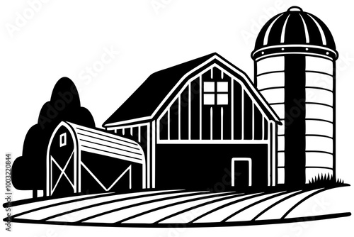 Towering Grain Silo and Barn Clean Vector Illustration Rustic Farm Scene photo