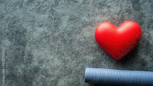 A heart symbol with a dumbbell and a yoga mat, highlighting the importance of physical activity for heart wellness, set against a neutral background photo