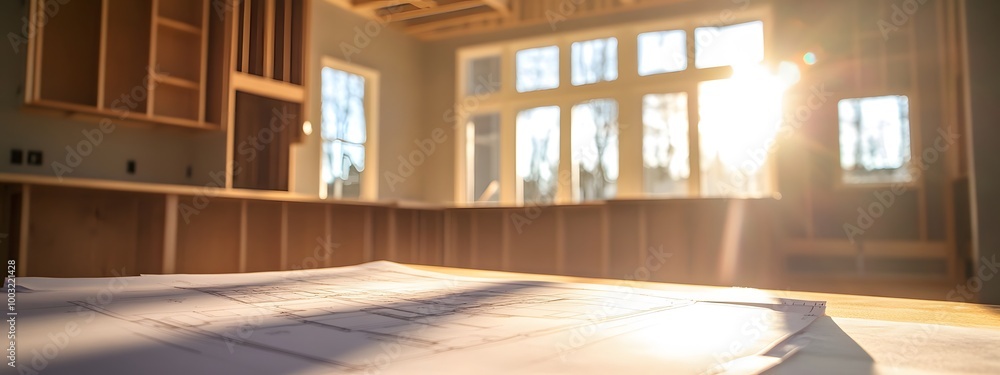 The blueprint is placed on the table in an unfinished kitchen, with sunlight streaming through the windows and highlighting details of modern home construction The blueprint is placed on the table in an unfinished kitchen, with sunlight streaming through the windows and highlighting details of modern home construction