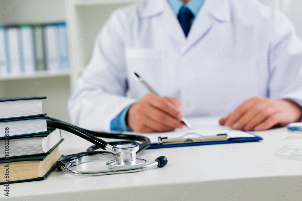 The doctor is writing on his desk. There are books and a stethoscope on the table. The doctor is writing on his desk. There are books and a stethoscope on the table.
