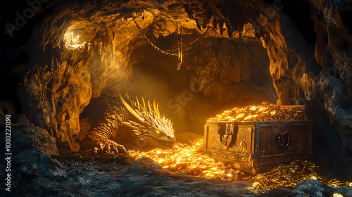 A majestic treasure chest guarded by a sleeping dragon in a dimly lit, gold-filled dragon lair. Dragon's Lair. Illustration photo