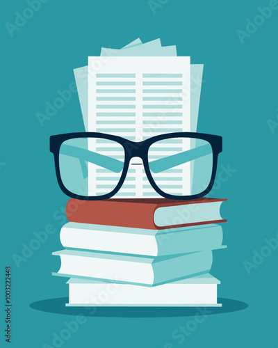 A pair of glasses lying on top of a stack of unpaid bills their owner unable to afford new ones after their pension was leaving them to squint at the words on the page.. Vector illustration