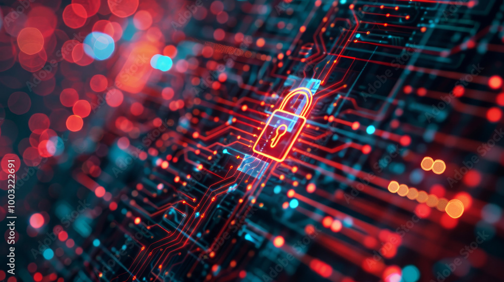 AI artificial intelligence Digital futuristic lock symbol on neon red glowing wireframe grid circuit board presentation background. Technology futuristic security computer datum privacy safety AI artificial intelligence Digital futuristic lock symbol on neon red glowing wireframe grid circuit board presentation background. Technology futuristic security computer datum privacy safety