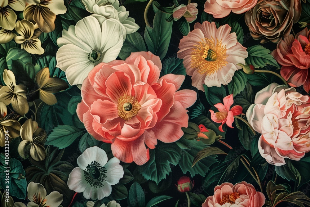 A floral print on a dark background A floral print on a dark background