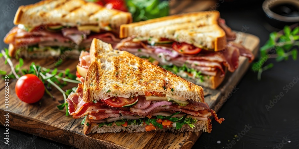 Bacon and vegetable club sandwich arranged on a wooden cutting board Bacon and vegetable club sandwich arranged on a wooden cutting board