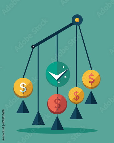 A pendulum with market symbols etched on either side depicting the constant back and forth swings of market trends.. Vector illustration